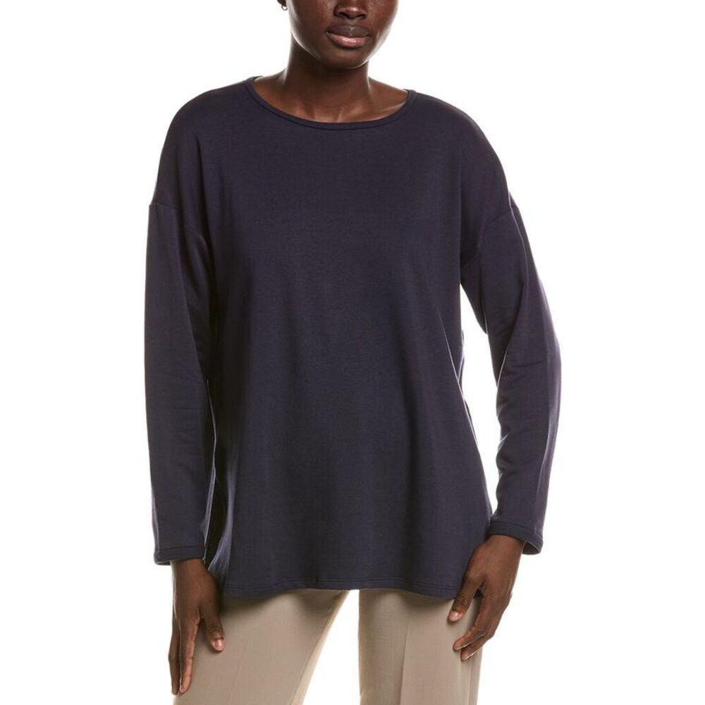 Eileen Fisher Womens Round Neck Long Box Top, Navy